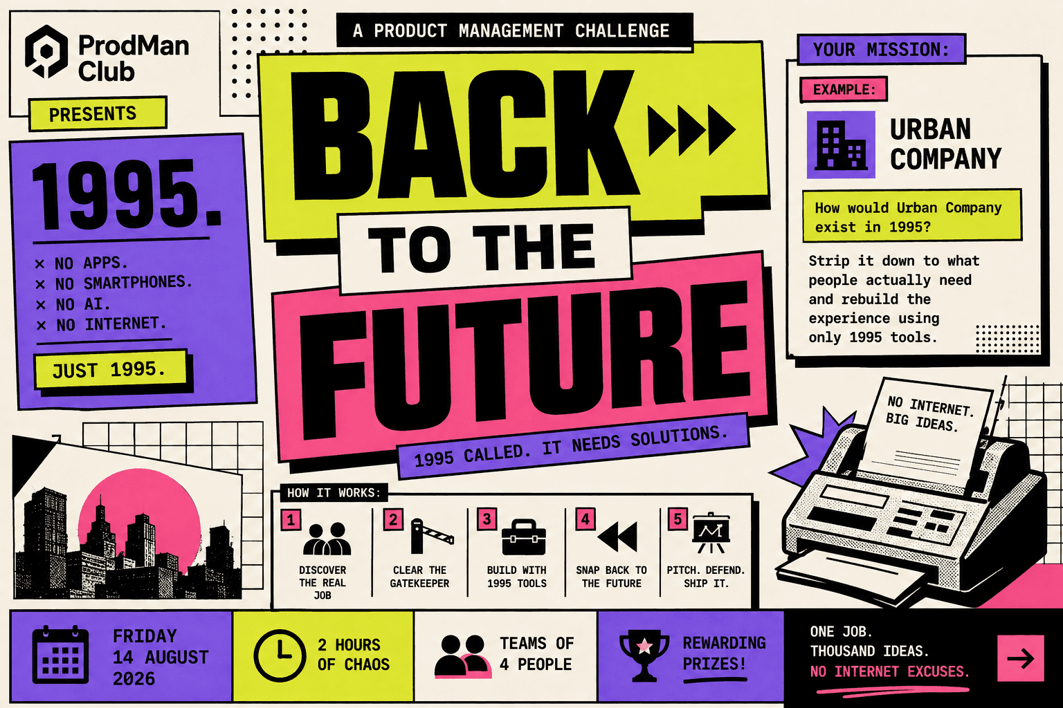 Back to the Future event poster: a product management challenge set in 1995 — no apps, no smartphones, no AI, no internet.