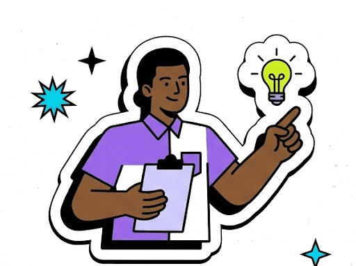 Sticker illustration of a product manager holding a clipboard beside a lightbulb idea