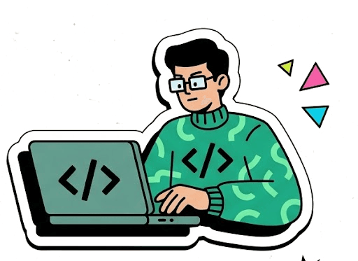 Sticker illustration of a developer coding on a laptop