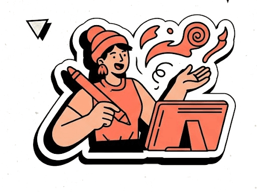 Sticker illustration of a designer sketching in front of a monitor
