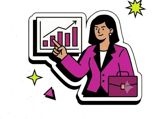 Sticker illustration of a presenter pointing at a rising growth chart